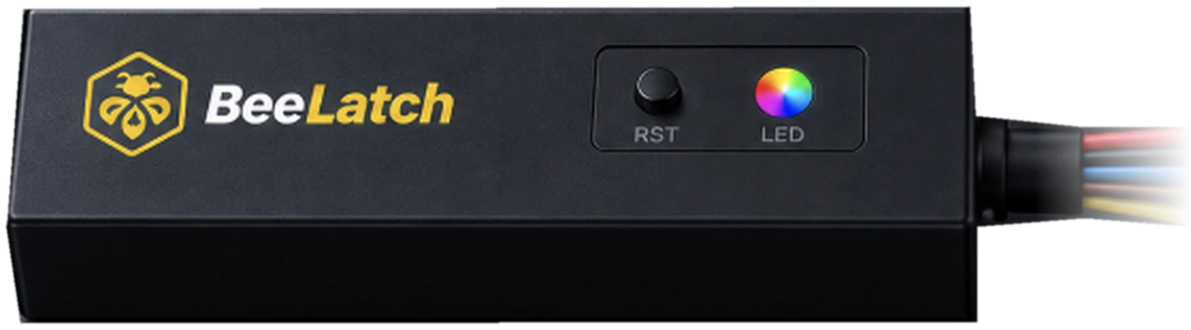 BeeLatch CAN-bus interface: black enclosure with gold hexagon logo, reset button and status LED